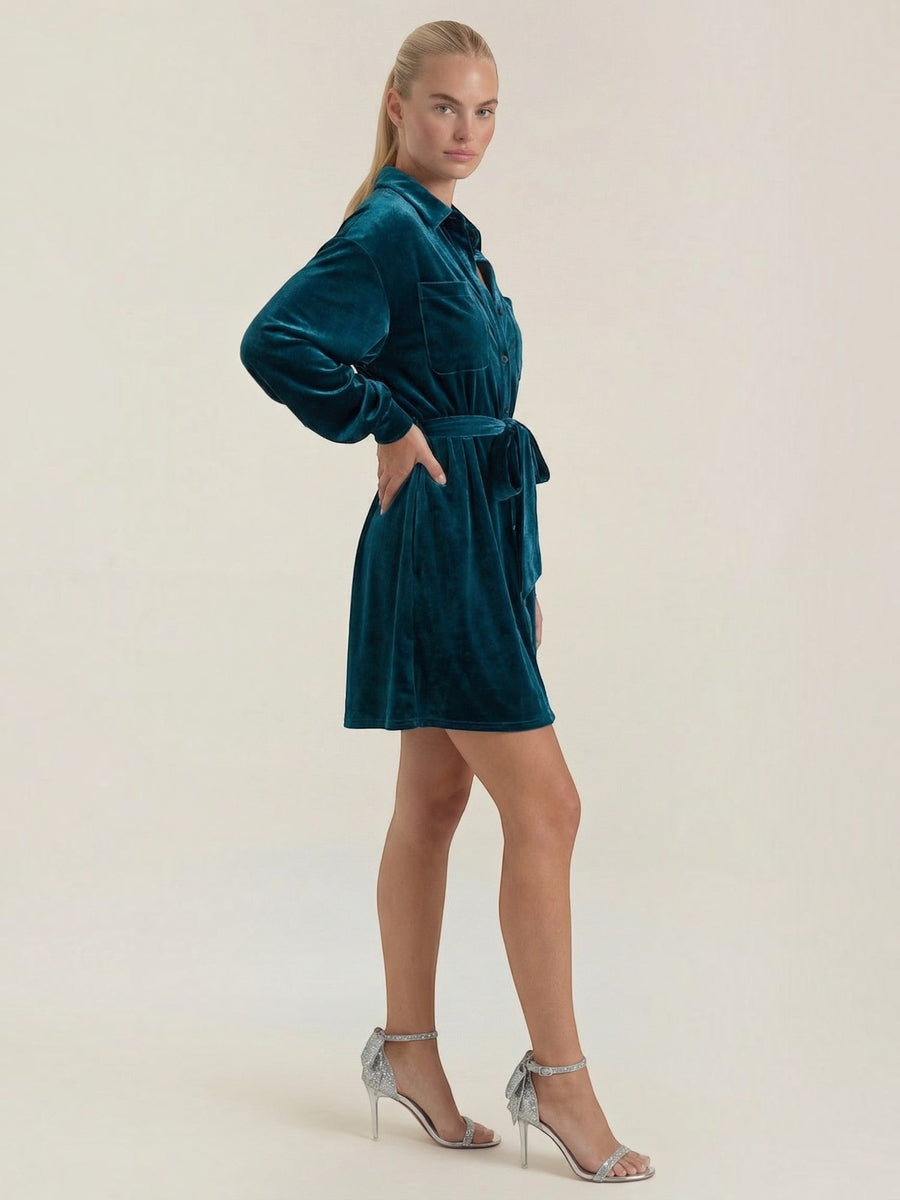 Cecilia Velvet Button Front Mini Shirt Dress