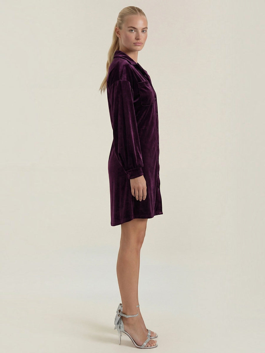 Cecilia Velvet Button Front Mini Shirt Dress