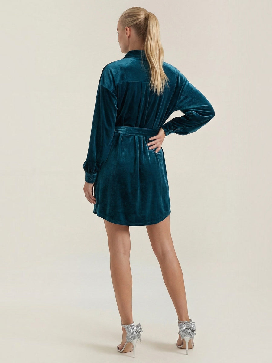 Cecilia Velvet Button Front Mini Shirt Dress