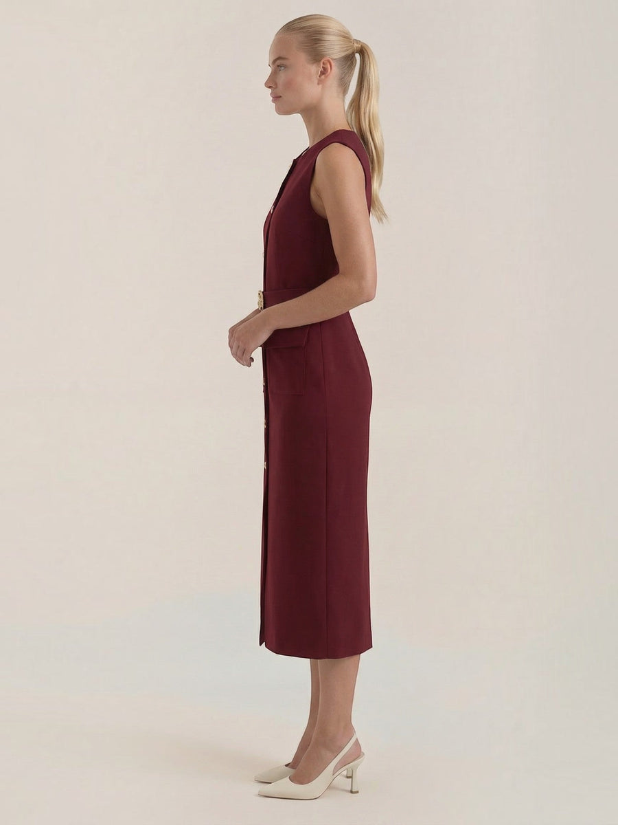 Arlene Gold Button Belted Midi Dress