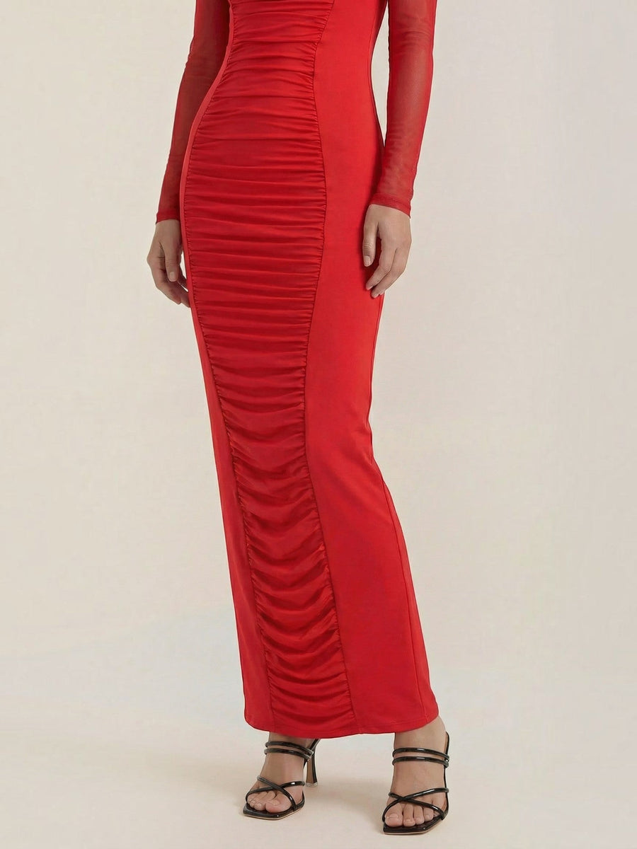 Susanna Mesh Sleeve Ruched Maxi Dress
