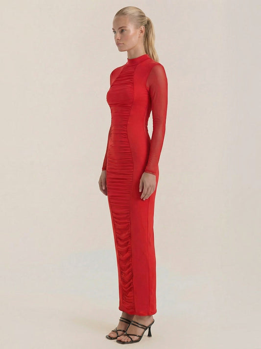 Susanna Mesh Sleeve Ruched Maxi Dress