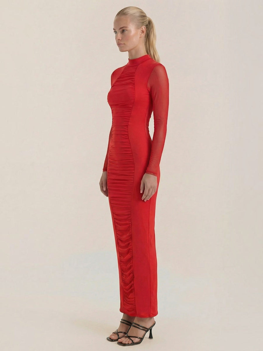 Susanna Mesh Sleeve Ruched Maxi Dress
