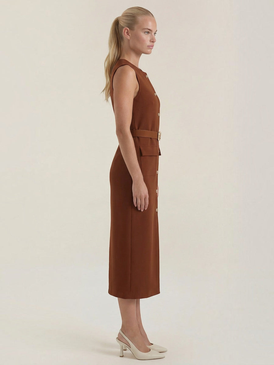 Arlene Gold Button Belted Midi Dress