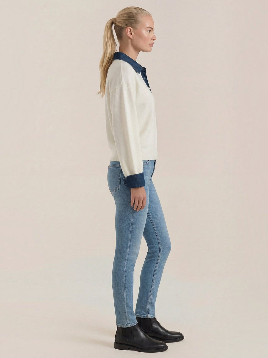Jody Denim Collar Gold Button Cardigan