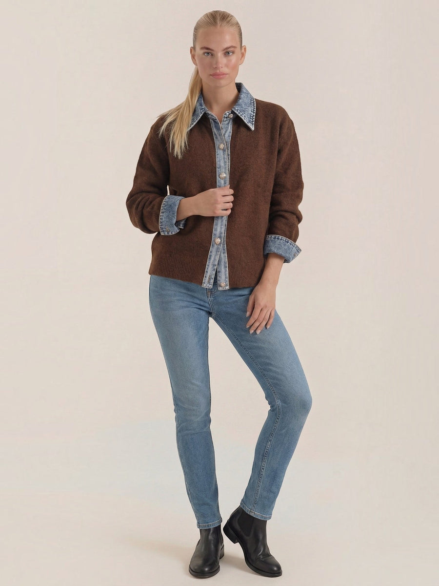Jody Denim Collar Gold Button Cardigan