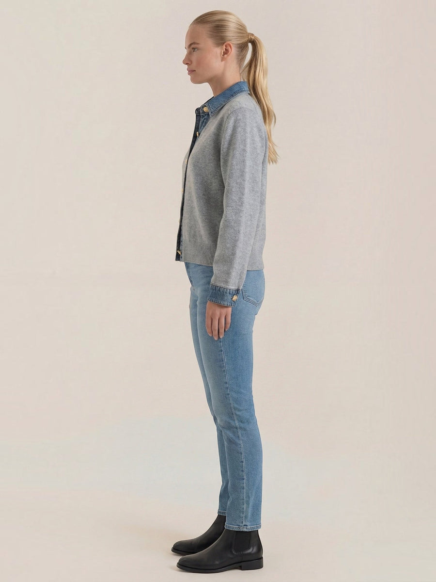 Jody Denim Collar Gold Button Cardigan