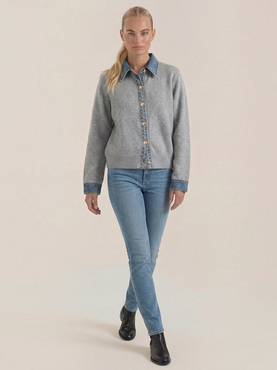 Jody Denim Collar Gold Button Cardigan