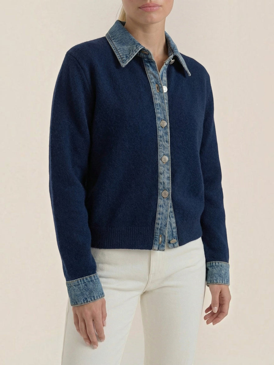 Jody Denim Collar Gold Button Cardigan