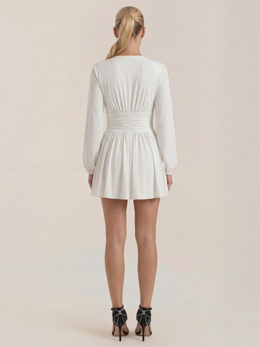 Tricia V Neck Puff Sleeve Pleated Mini Dress