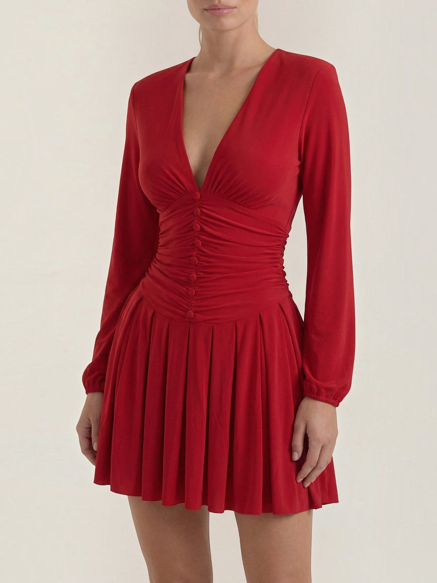 Tricia V Neck Puff Sleeve Pleated Mini Dress