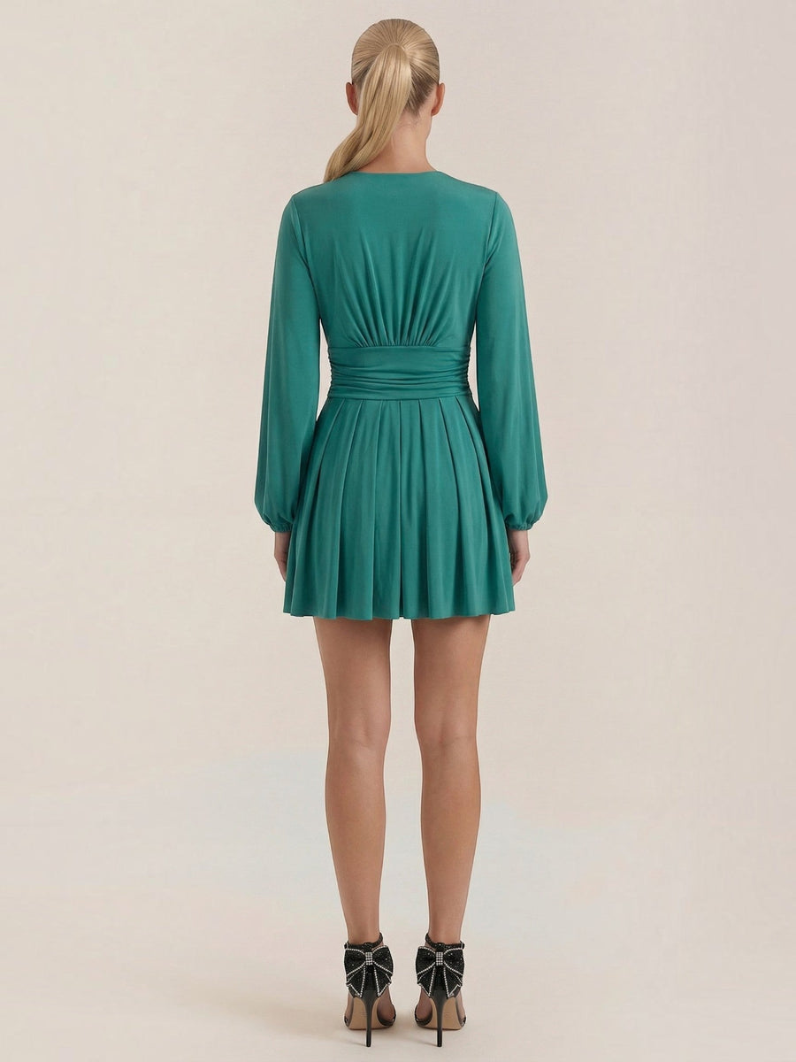 Tricia V Neck Puff Sleeve Pleated Mini Dress