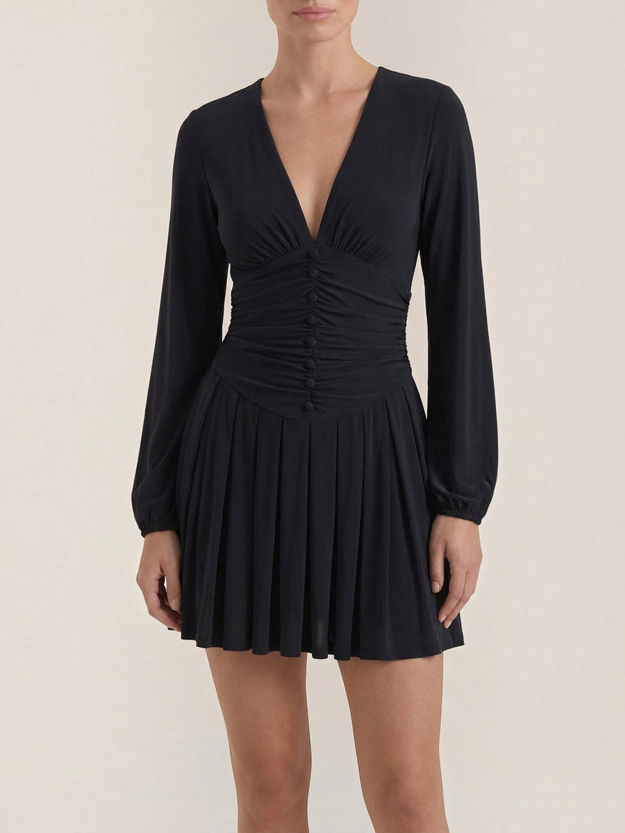 Tricia V Neck Puff Sleeve Pleated Mini Dress
