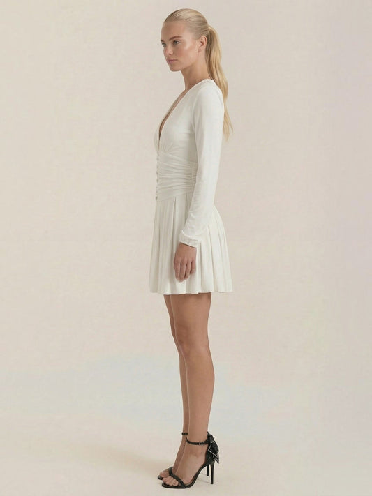 Tricia V Neck Puff Sleeve Pleated Mini Dress