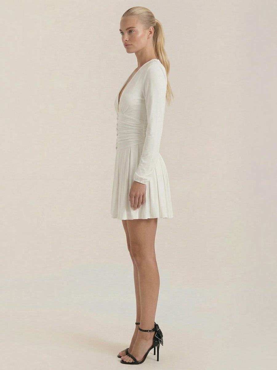 Tricia V Neck Puff Sleeve Pleated Mini Dress