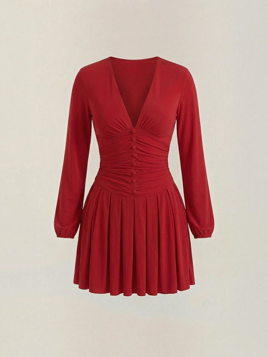 Tricia V Neck Puff Sleeve Pleated Mini Dress