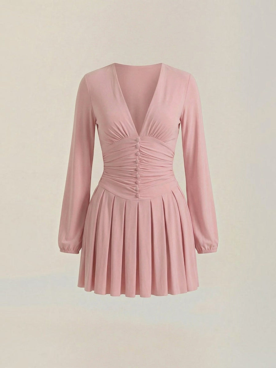 Tricia V Neck Puff Sleeve Pleated Mini Dress