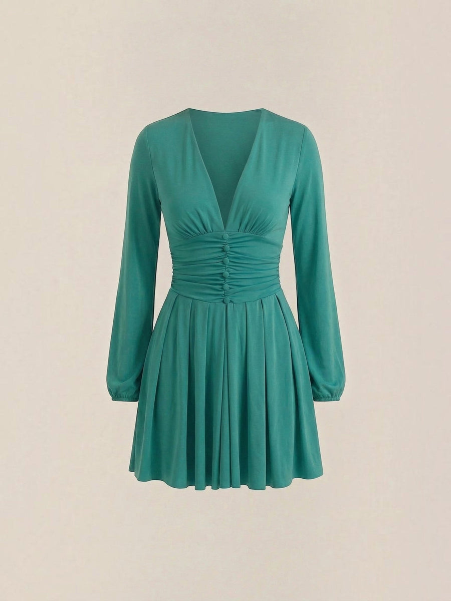 Tricia V Neck Puff Sleeve Pleated Mini Dress