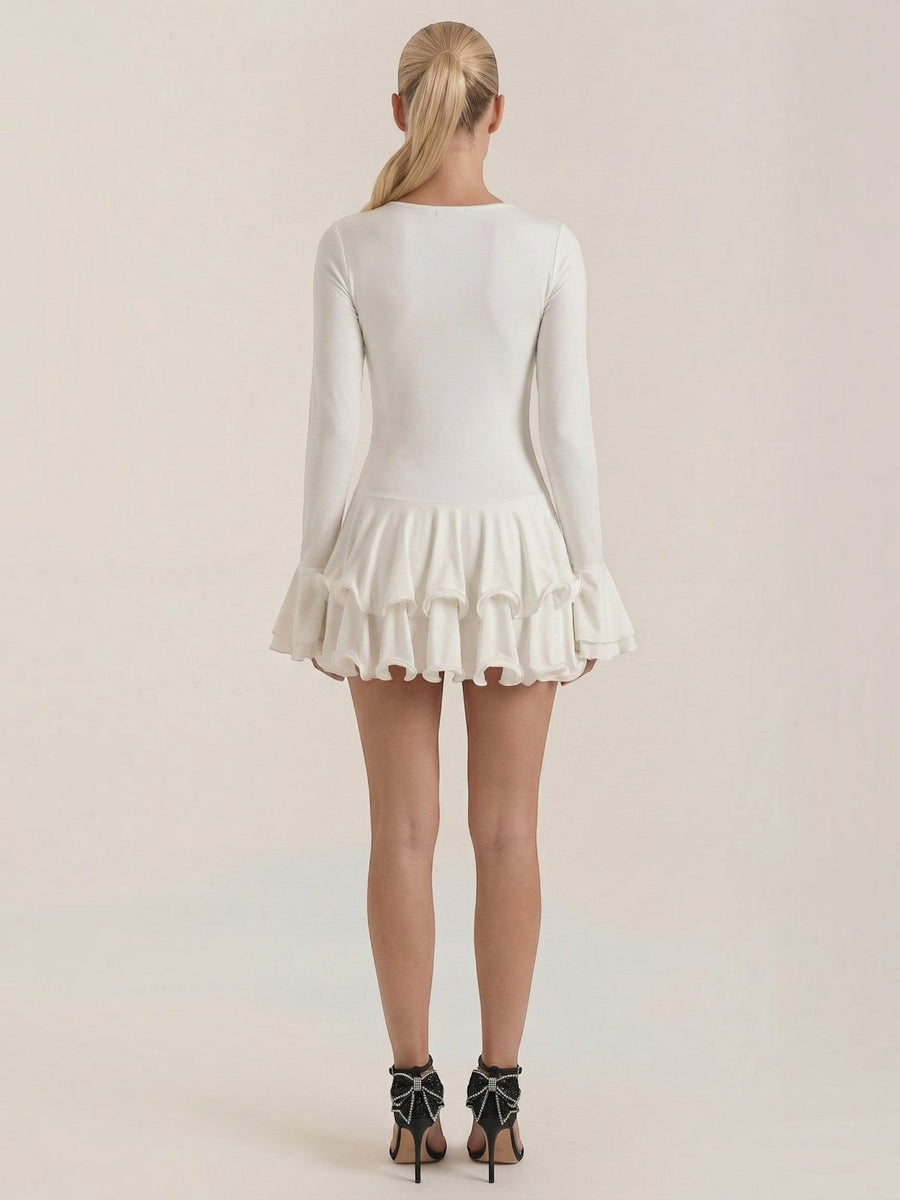 Estelle V Neck Balloon Sleeve Ruffle Mini Dress
