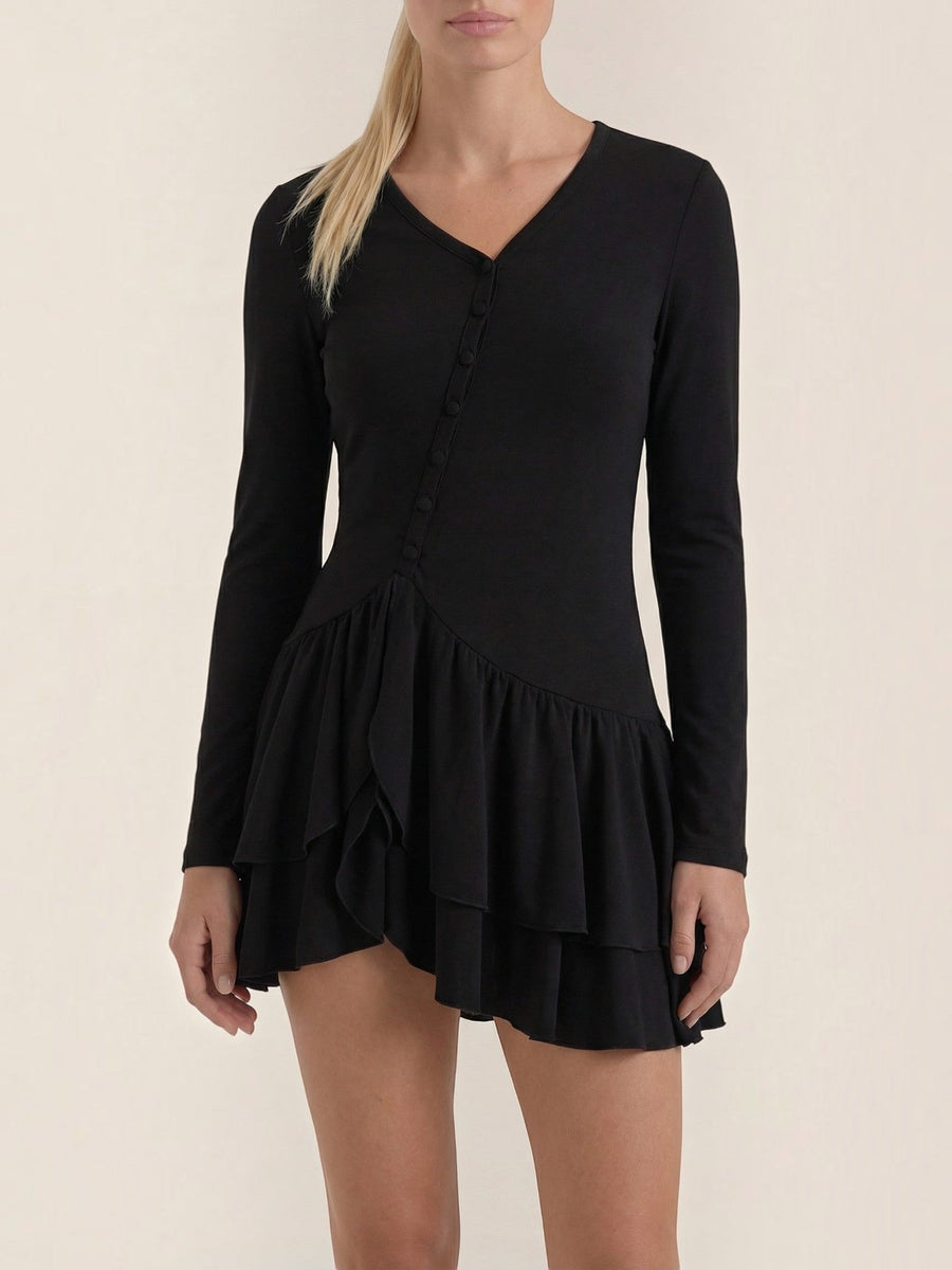 Estelle V Neck Balloon Sleeve Ruffle Mini Dress
