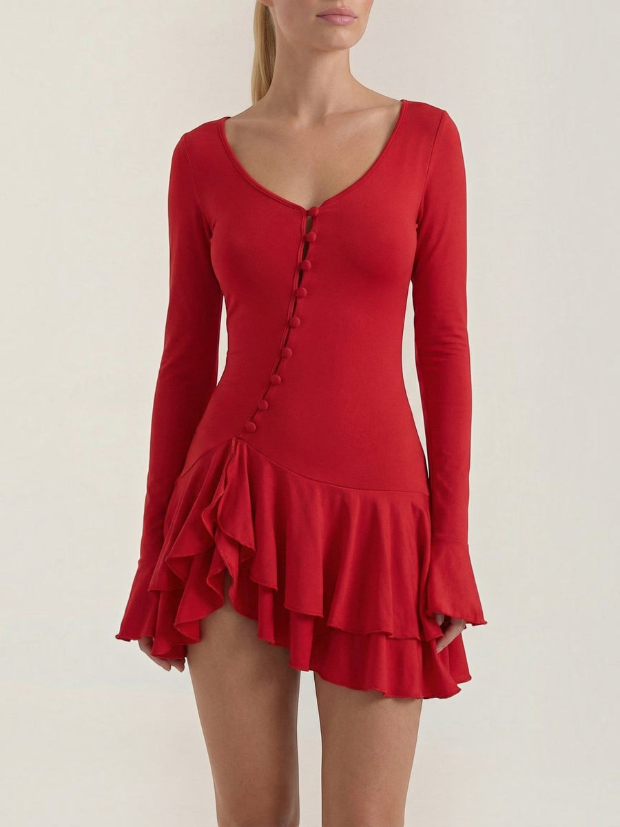 Estelle V Neck Balloon Sleeve Ruffle Mini Dress