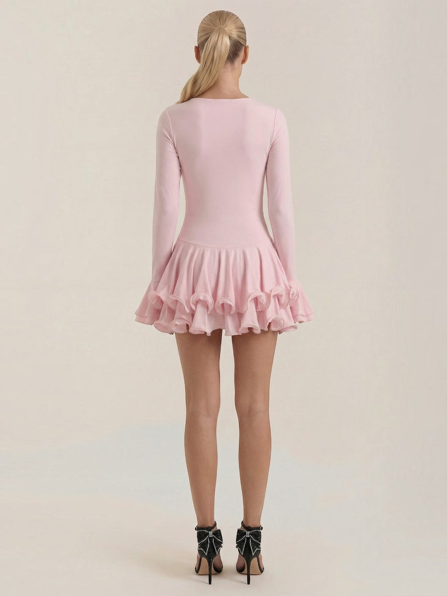 Estelle V Neck Balloon Sleeve Ruffle Mini Dress