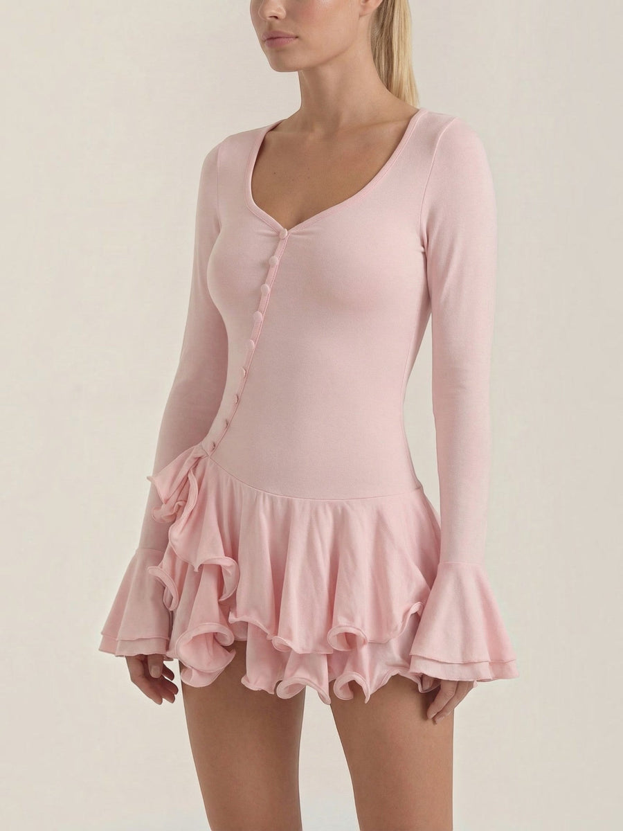 Estelle V Neck Balloon Sleeve Ruffle Mini Dress