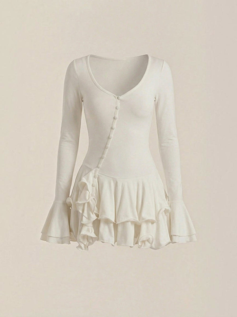 Estelle V Neck Balloon Sleeve Ruffle Mini Dress