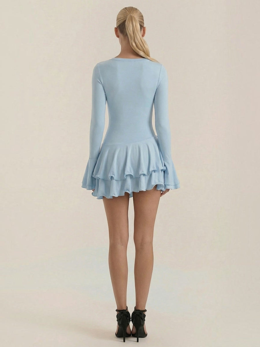 Estelle V Neck Balloon Sleeve Ruffle Mini Dress