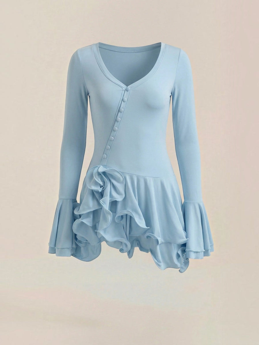 Estelle V Neck Balloon Sleeve Ruffle Mini Dress