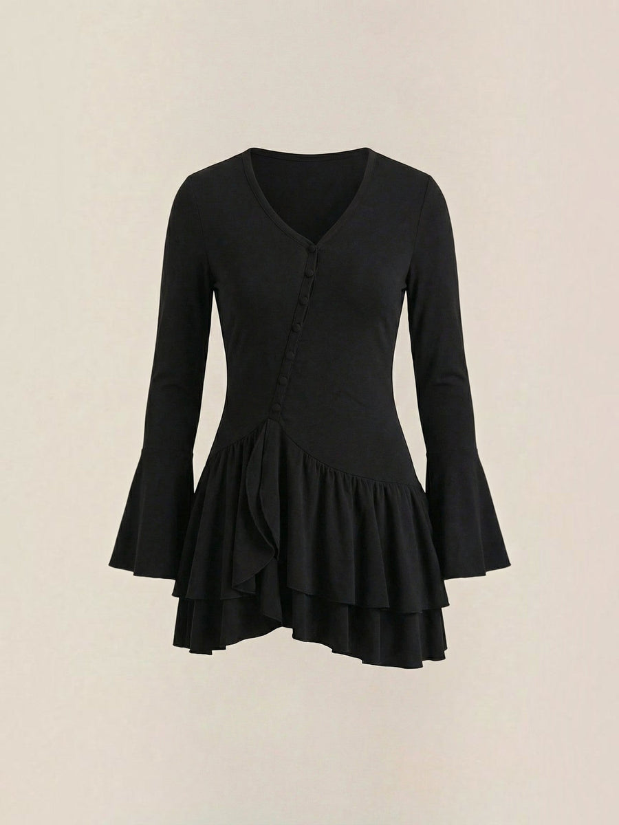Estelle V Neck Balloon Sleeve Ruffle Mini Dress