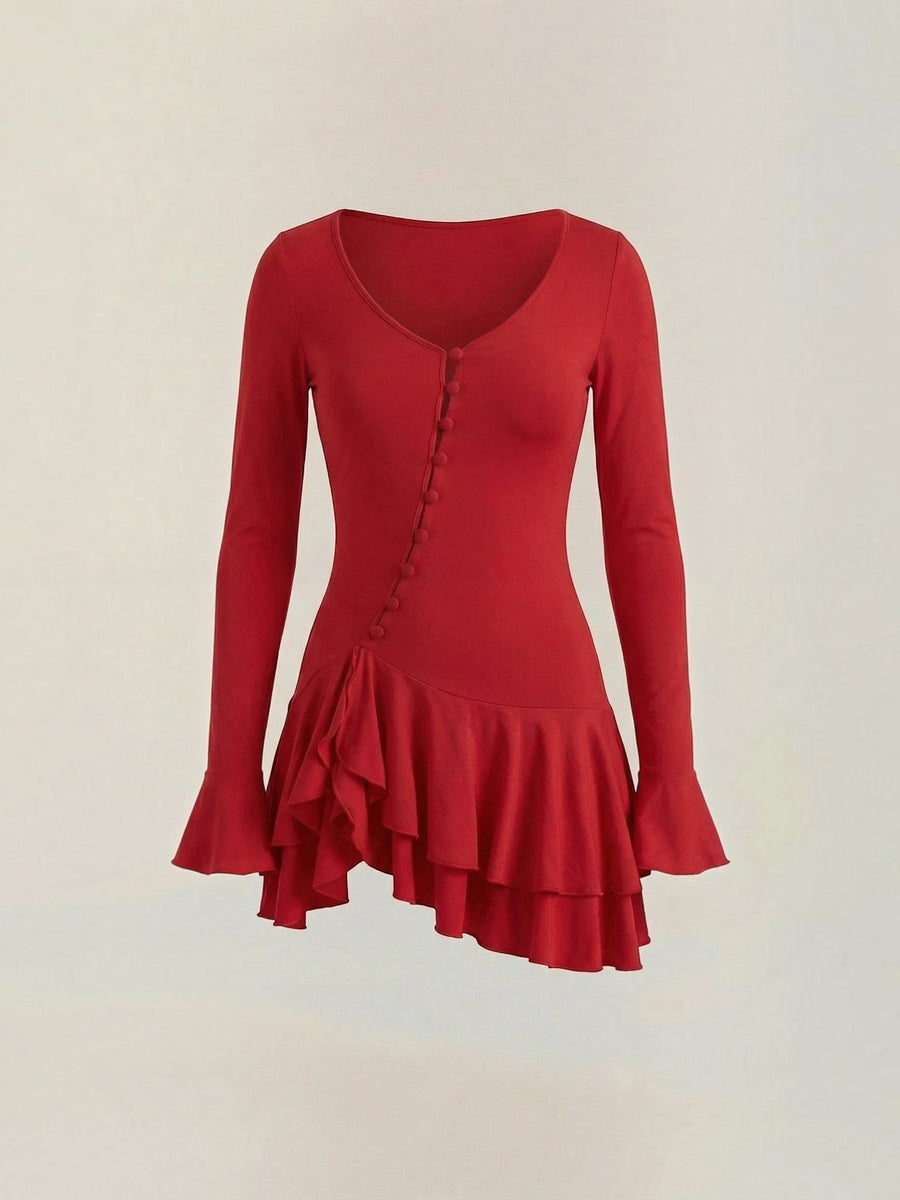 Estelle V Neck Balloon Sleeve Ruffle Mini Dress