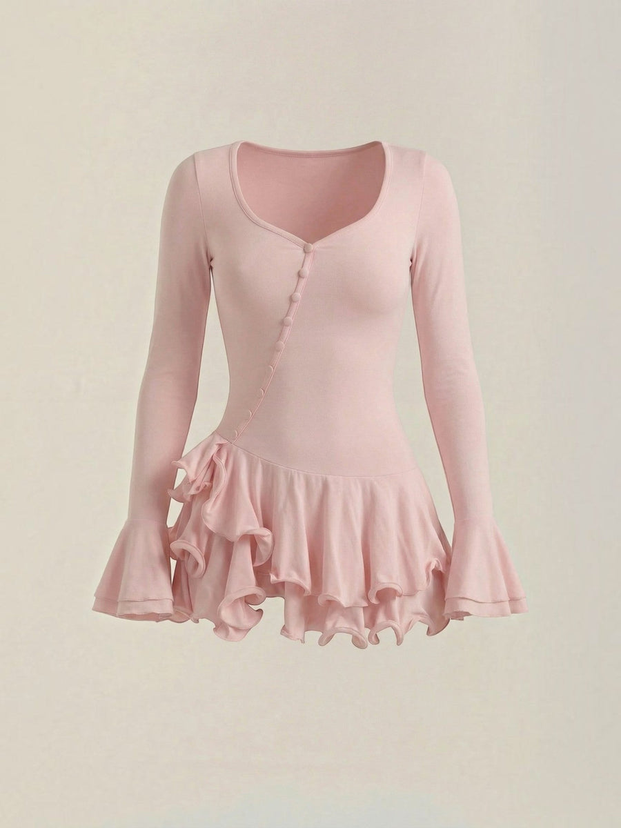 Estelle V Neck Balloon Sleeve Ruffle Mini Dress