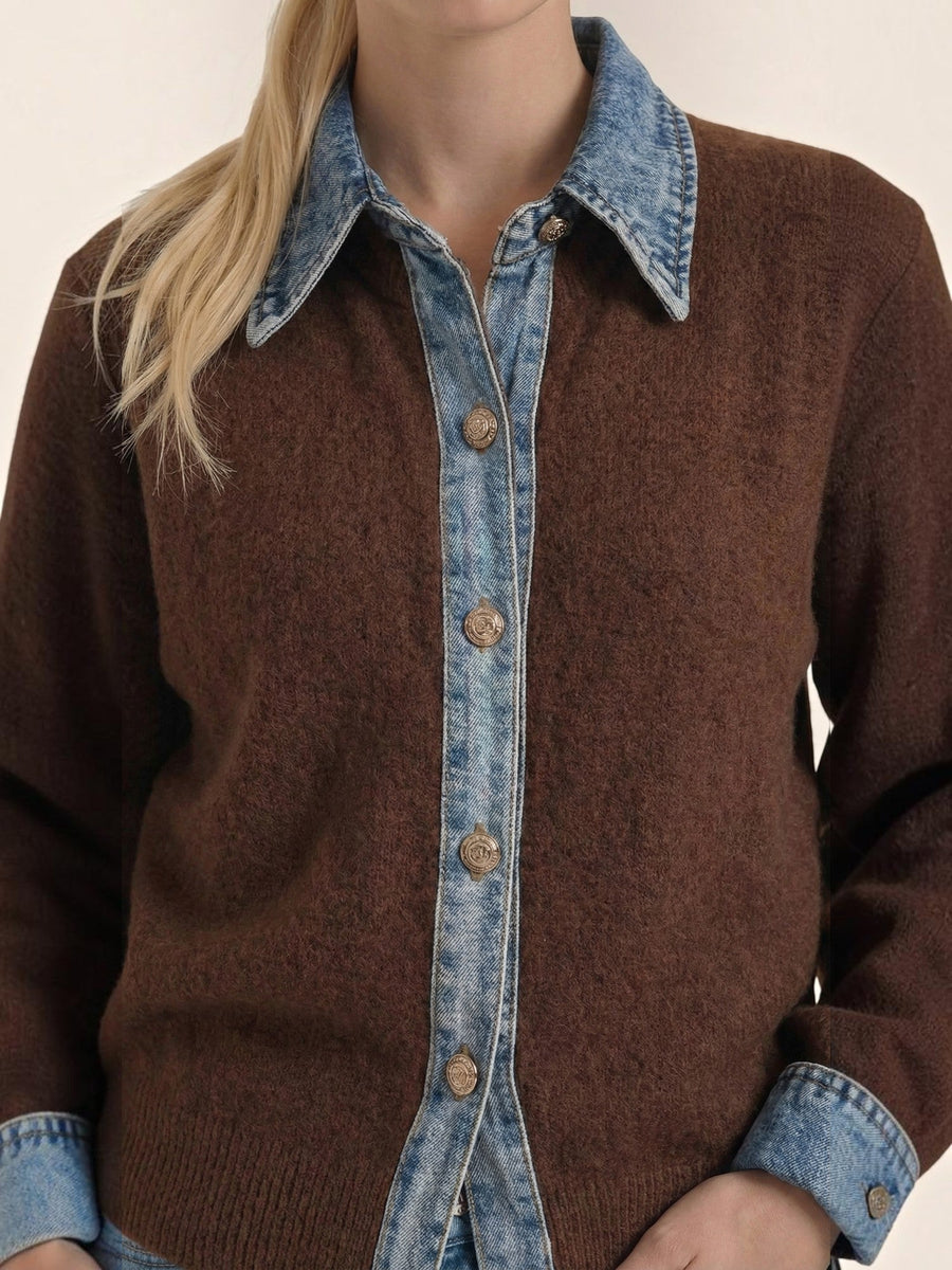 Jody Denim Collar Gold Button Cardigan