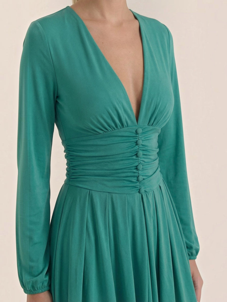 Tricia V Neck Puff Sleeve Pleated Mini Dress
