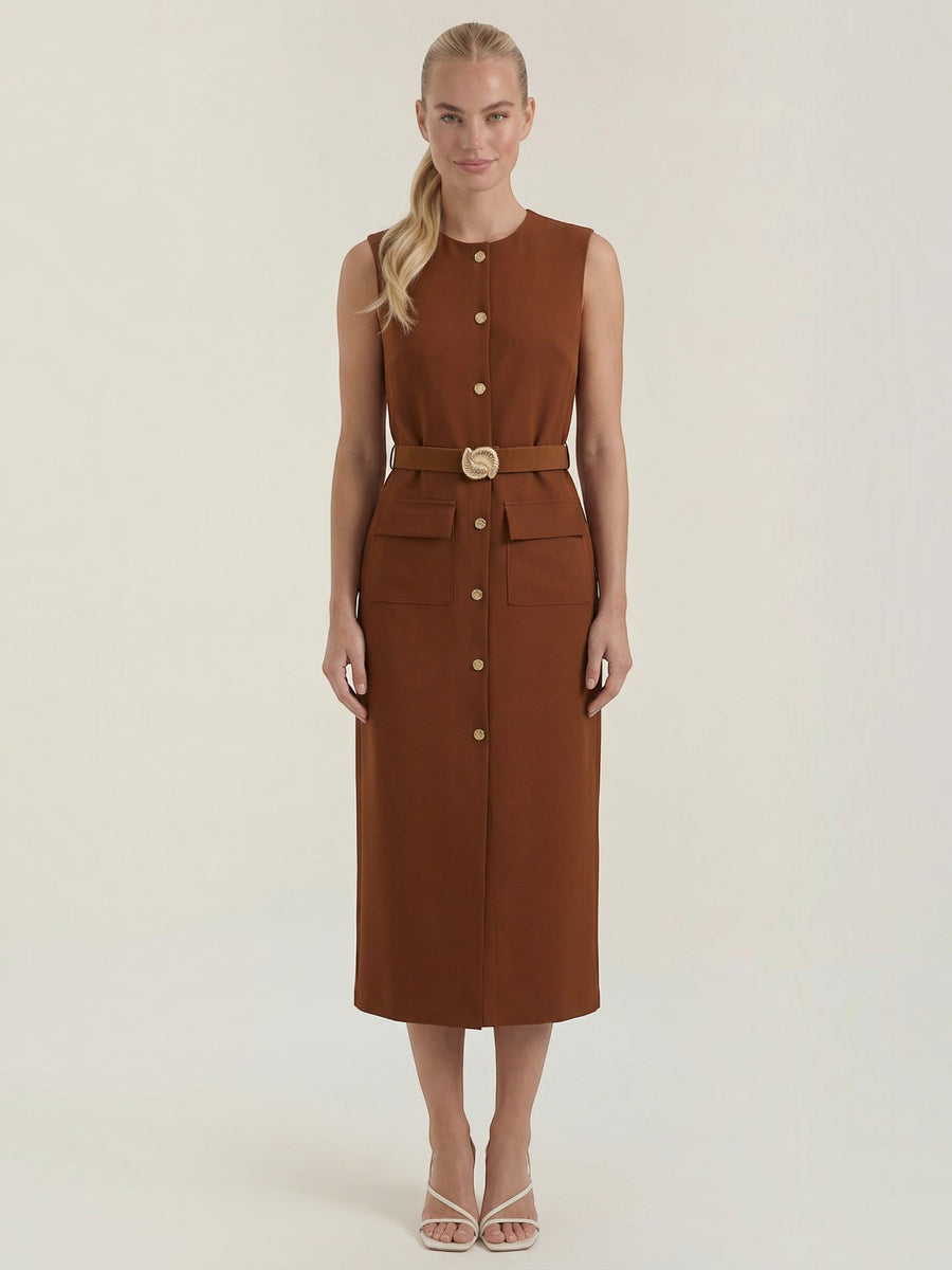 Arlene Gold Button Belted Midi Dress