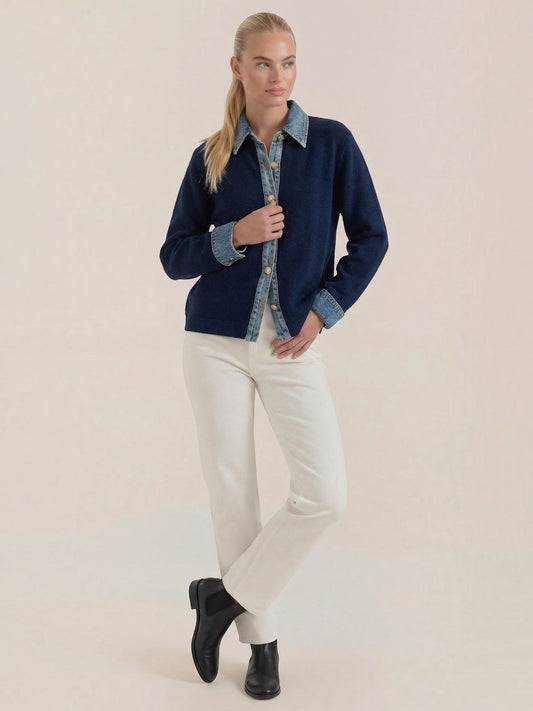 Jody Denim Collar Gold Button Cardigan