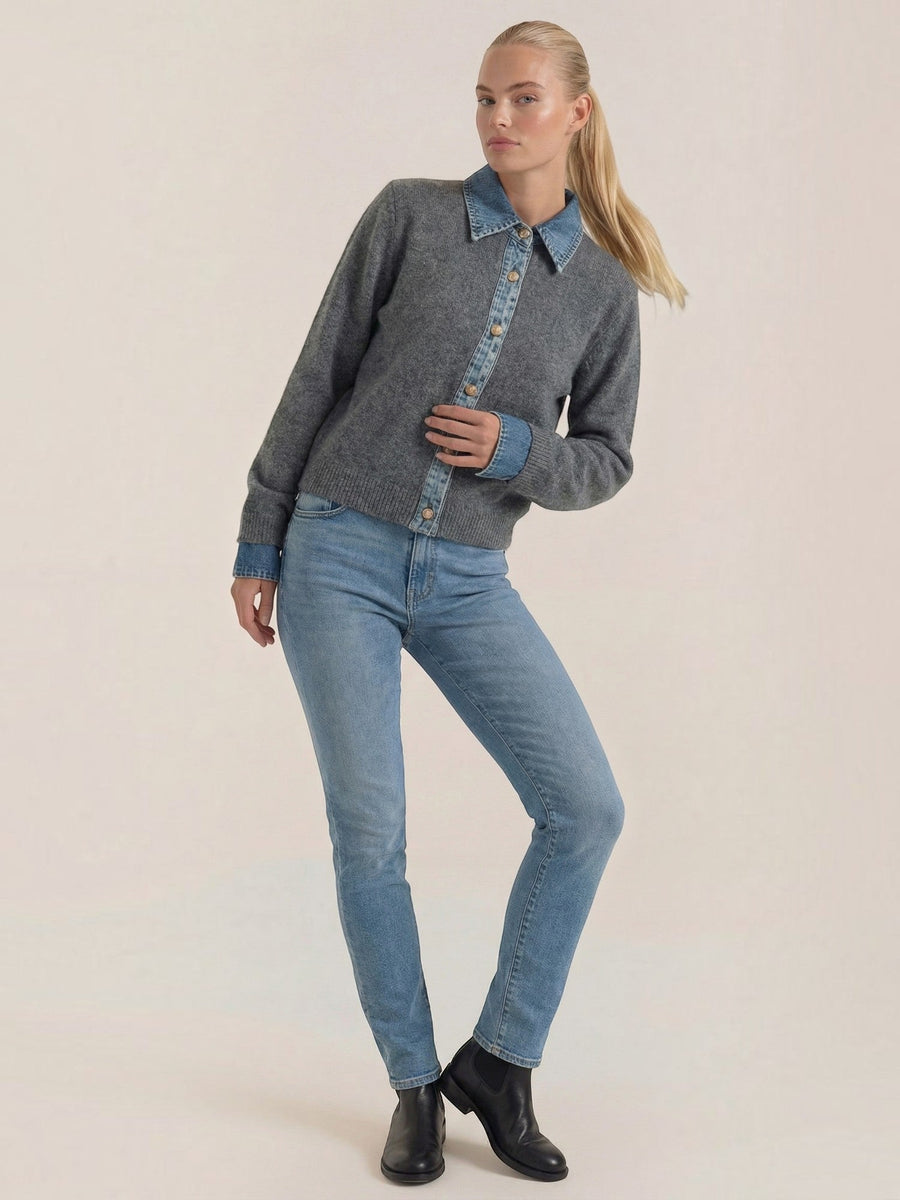 Jody Denim Collar Gold Button Cardigan