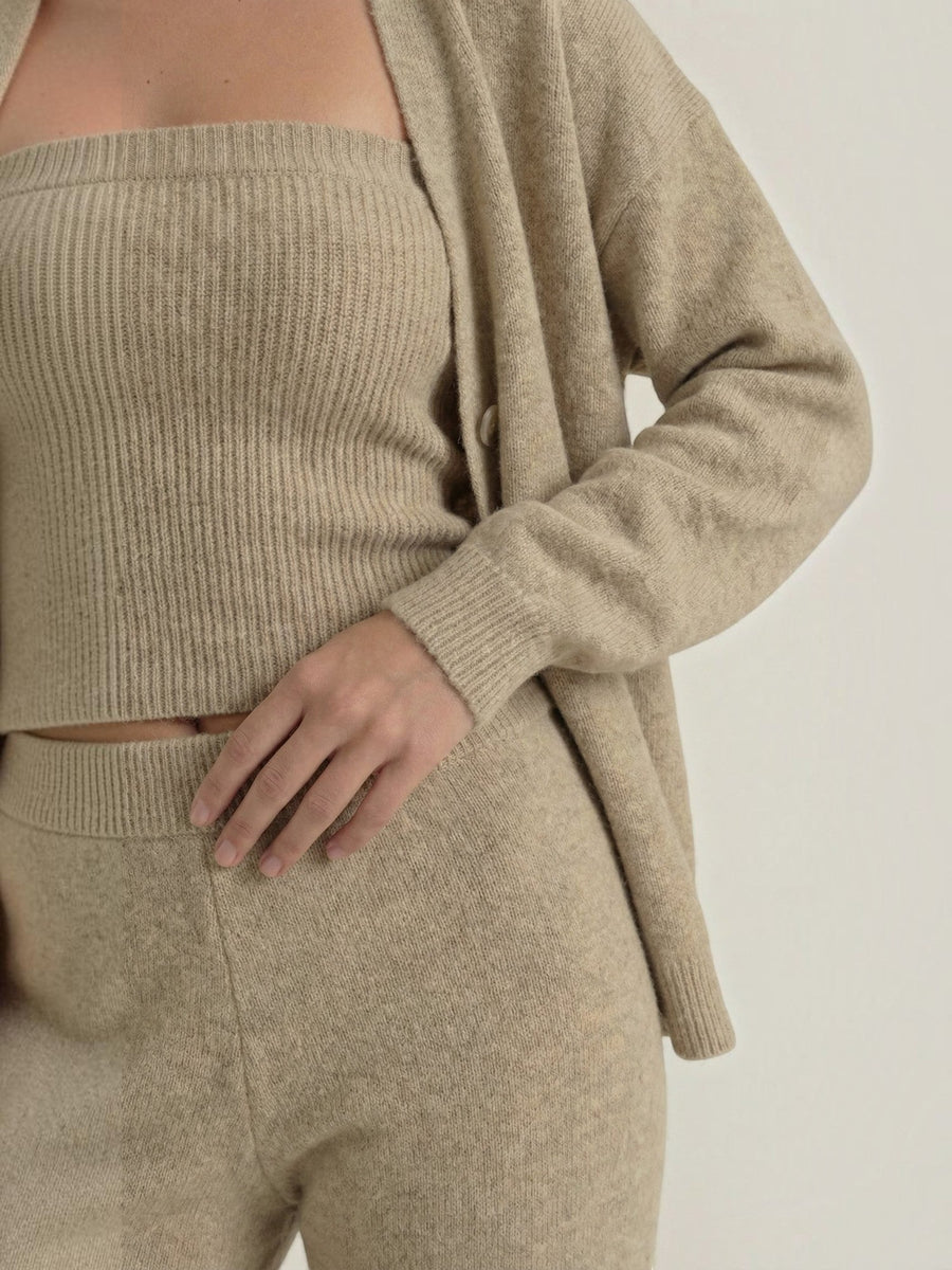 Jeanne Cardigan Bandeau and Pants Three Piece Knit Set