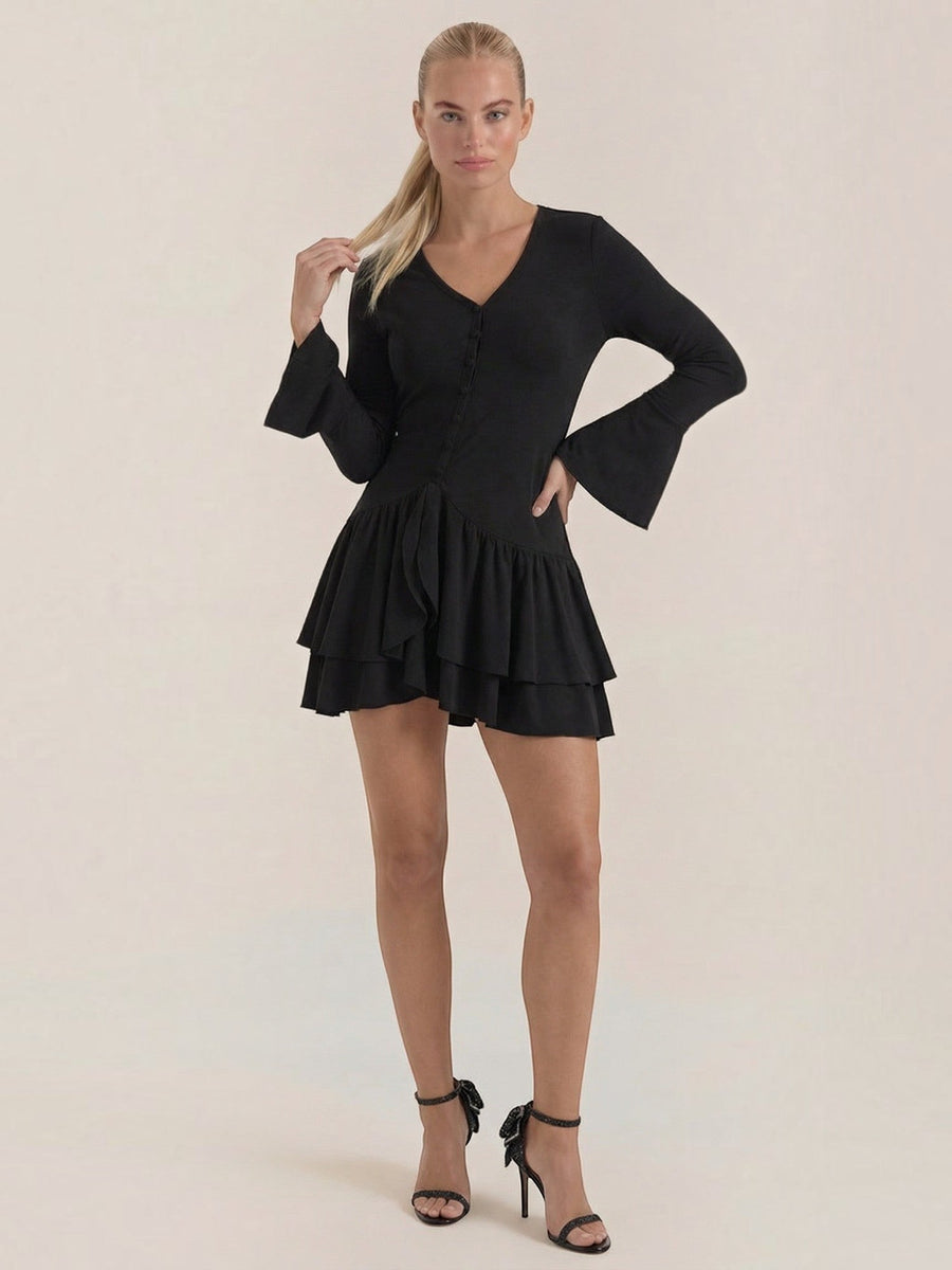 Estelle V Neck Balloon Sleeve Ruffle Mini Dress