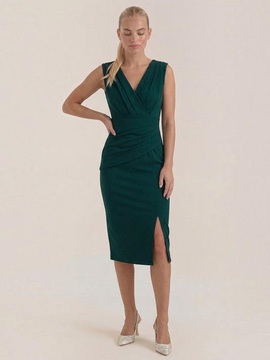 Lydia Pleated V Neck Cocktail Midi Dress