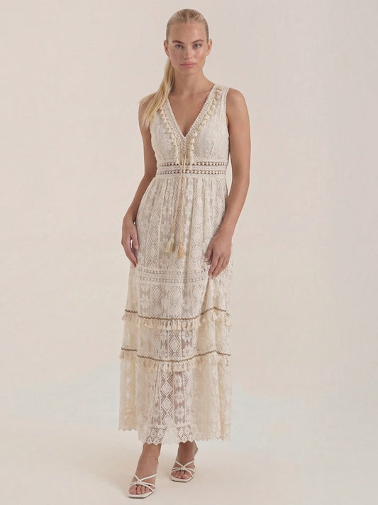 Monique Crochet Trim Lace Boho Maxi Dress