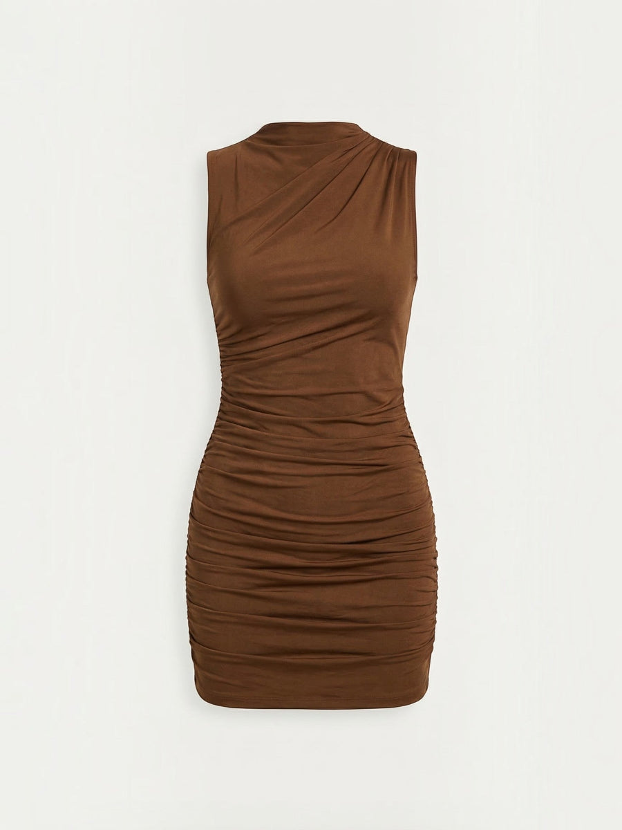 Carmela Stand Collar Ruched Mini Dress