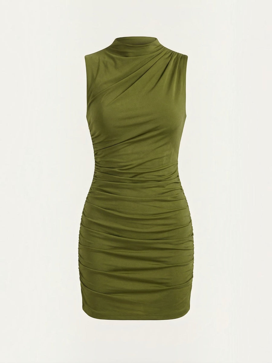 Carmela Stand Collar Ruched Mini Dress