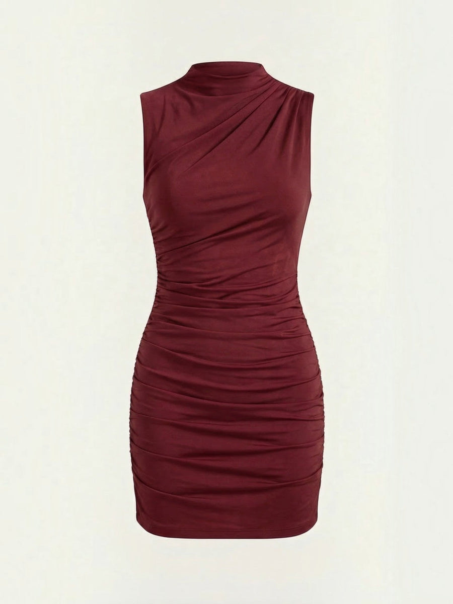 Carmela Stand Collar Ruched Mini Dress
