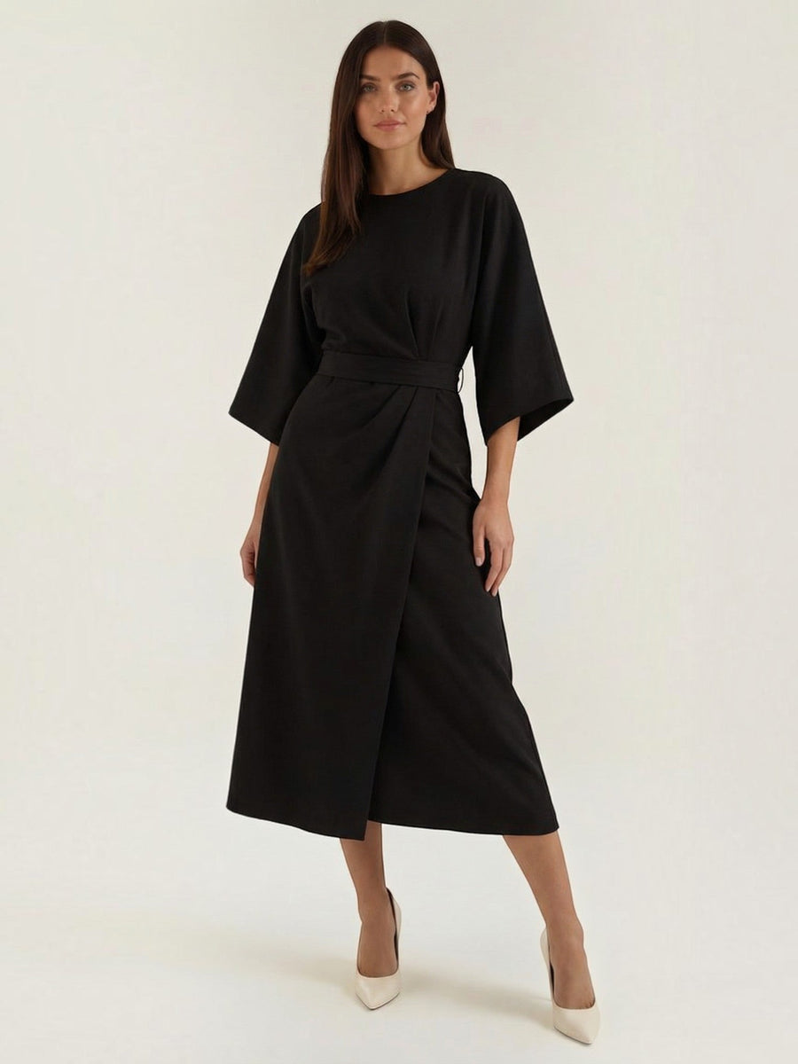 Ana Balloon Sleeve Wrap Midi Dress with Belt