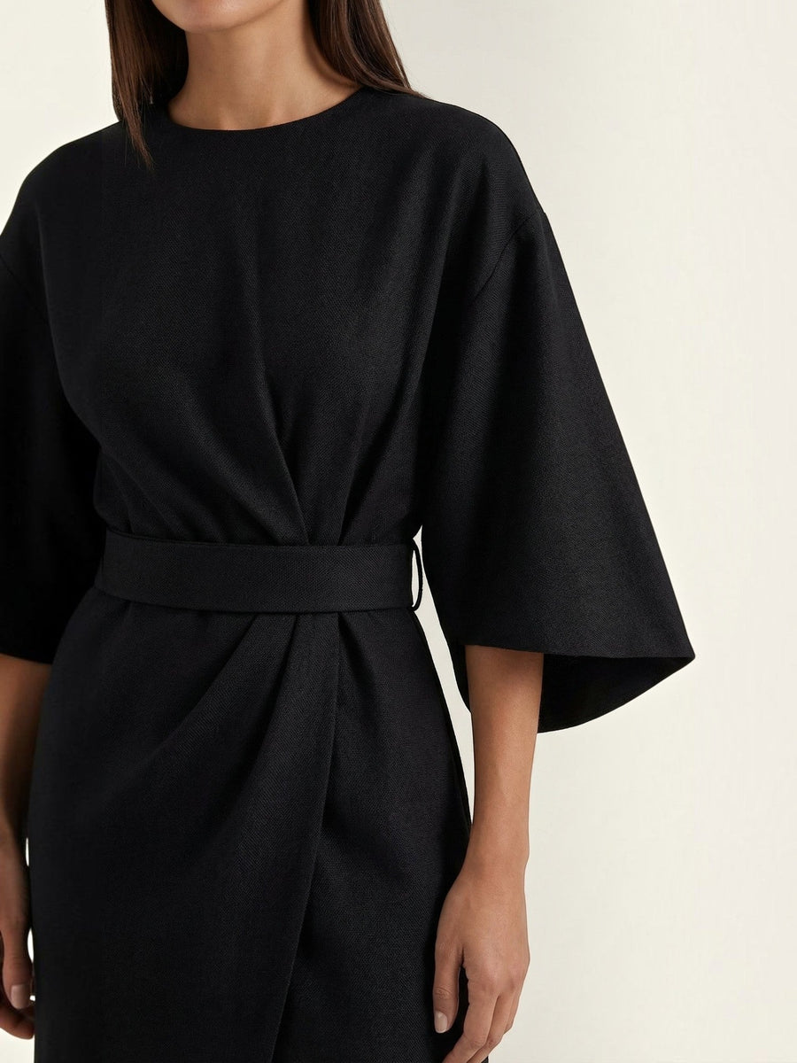 Ana Balloon Sleeve Wrap Midi Dress with Belt