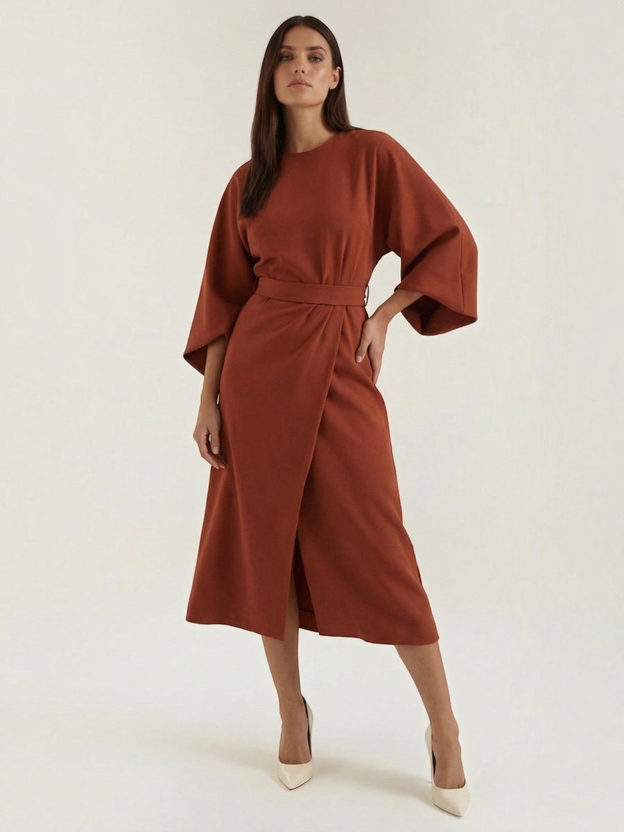 Ana Balloon Sleeve Wrap Midi Dress with Belt