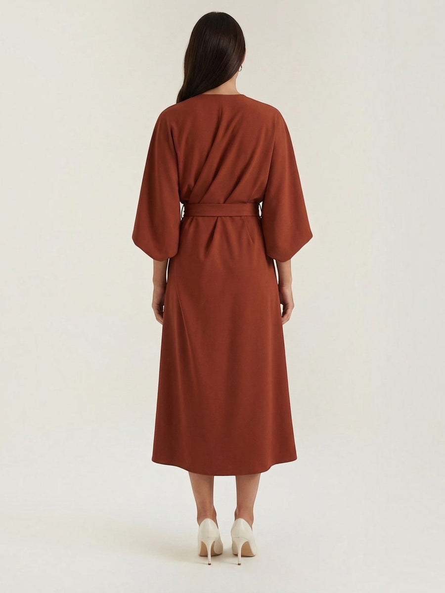 Ana Balloon Sleeve Wrap Midi Dress with Belt