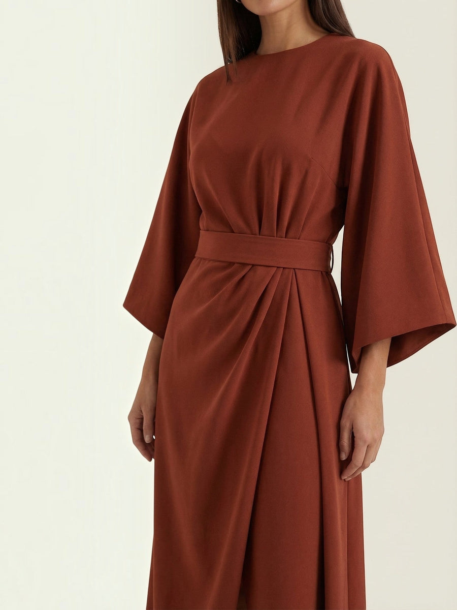Ana Balloon Sleeve Wrap Midi Dress with Belt